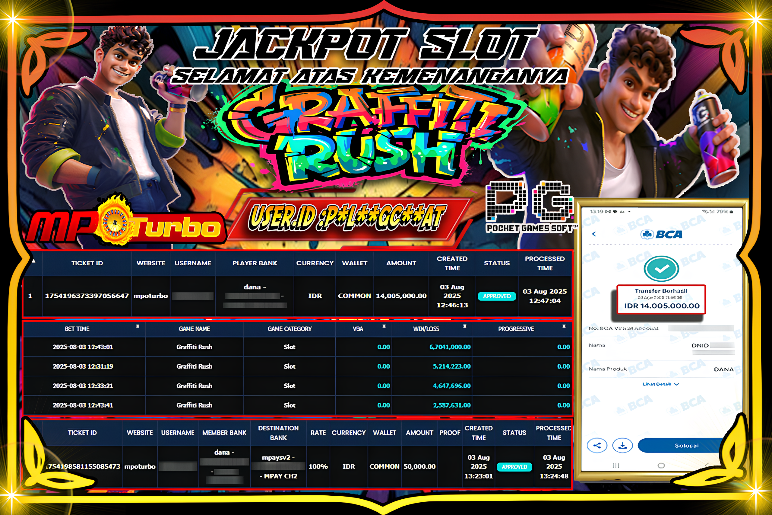 MPOTURBO JACKPOT SLOT GRAFFITE RUSH Rp 14,005,000.00,- LUNAS